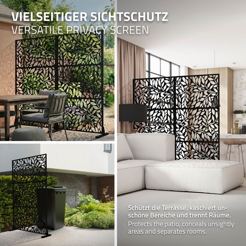 Metall-Sichtschutz Firenze Schwarz 90x180 cm aus Stahl Raumteiler mit 3 Paneele Trennwand erweiterbar mit Ständer ML-Design