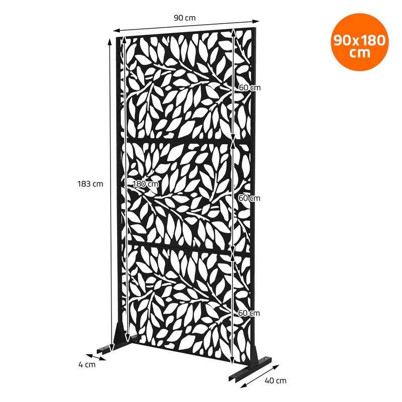 Metall-Sichtschutz Firenze Schwarz 90x180 cm aus Stahl Raumteiler mit 3 Paneele Trennwand erweiterbar mit Ständer ML-Design
