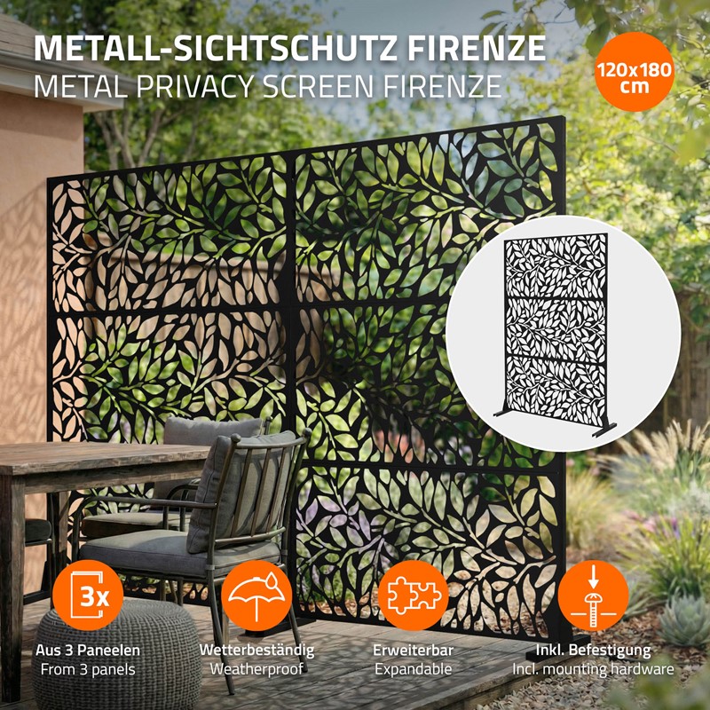 Metall-Sichtschutz Firenze Schwarz 120x180 cm aus Stahl Raumteiler mit 3 Paneele Trennwand erweiterbar mit Ständer ML-Design