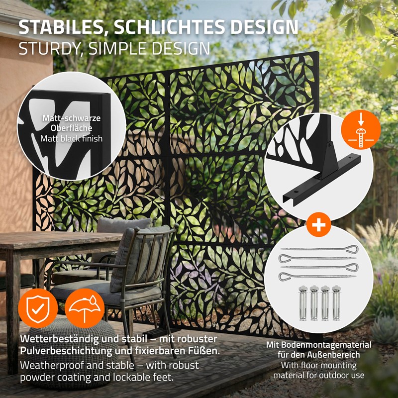 Metall-Sichtschutz Firenze Schwarz 120x180 cm aus Stahl Raumteiler mit 3 Paneele Trennwand erweiterbar mit Ständer ML-Design