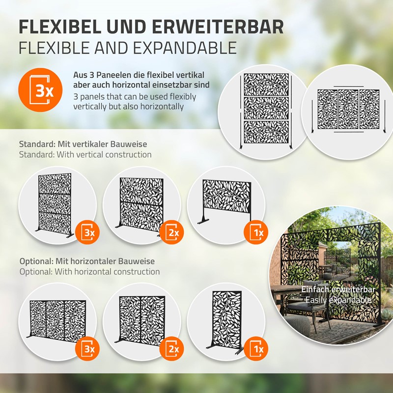 Metall-Sichtschutz Firenze Schwarz 120x180 cm aus Stahl Raumteiler mit 3 Paneele Trennwand erweiterbar mit Ständer ML-Design