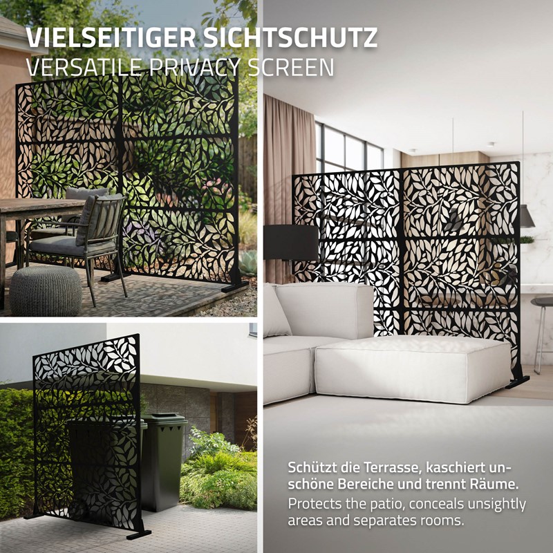 Metall-Sichtschutz Firenze Schwarz 120x180 cm aus Stahl Raumteiler mit 3 Paneele Trennwand erweiterbar mit Ständer ML-Design