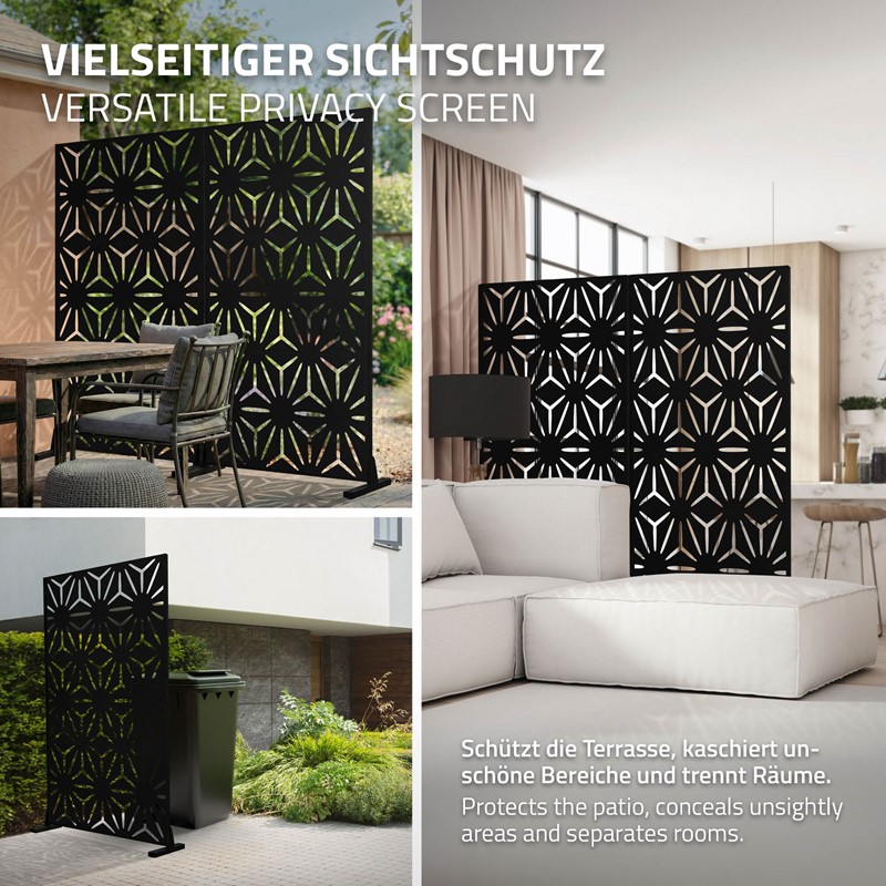 Metall-Sichtschutz Torino Schwarz 90x180 cm aus Stahl Raumteiler mit 3 Paneele Trennwand erweiterbar mit Ständer ML-Design