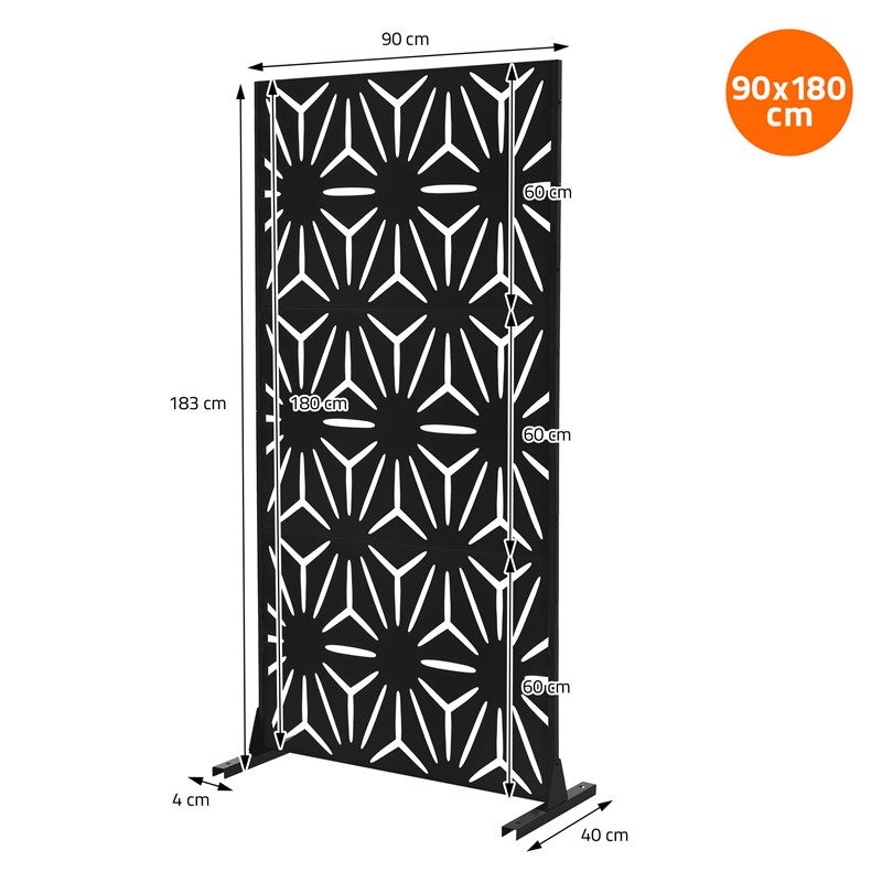 Metall-Sichtschutz Torino Schwarz 90x180 cm aus Stahl Raumteiler mit 3 Paneele Trennwand erweiterbar mit Ständer ML-Design