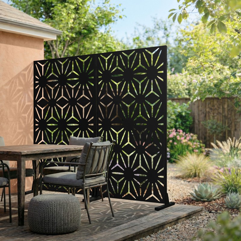 Metall-Sichtschutz Torino Schwarz 90x180 cm aus Stahl Raumteiler mit 3 Paneele Trennwand erweiterbar mit Ständer ML-Design