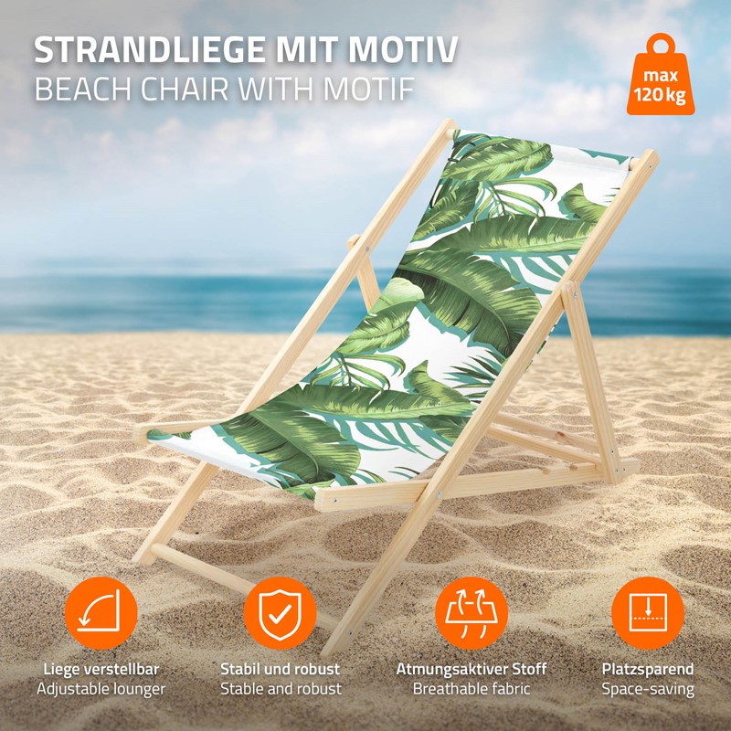 Gartenliege aus Holz in Tropical Grün-Weiß klappbarer Beachstuhl Strandstuhl Strandliege Liegestuhl Sonnenliege Relaxliege