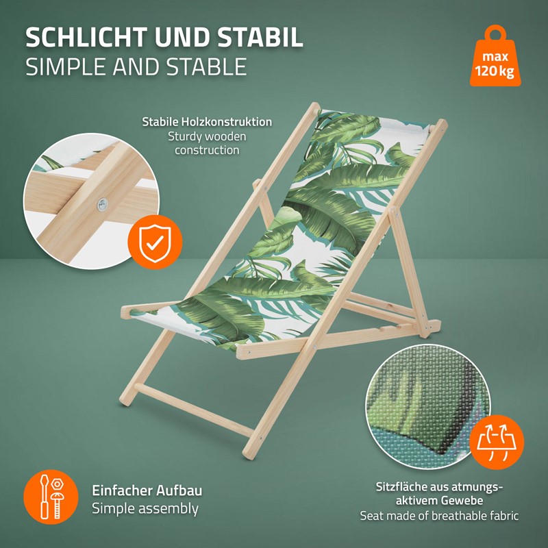 Gartenliege aus Holz in Tropical Grün-Weiß klappbarer Beachstuhl Strandstuhl Strandliege Liegestuhl Sonnenliege Relaxliege