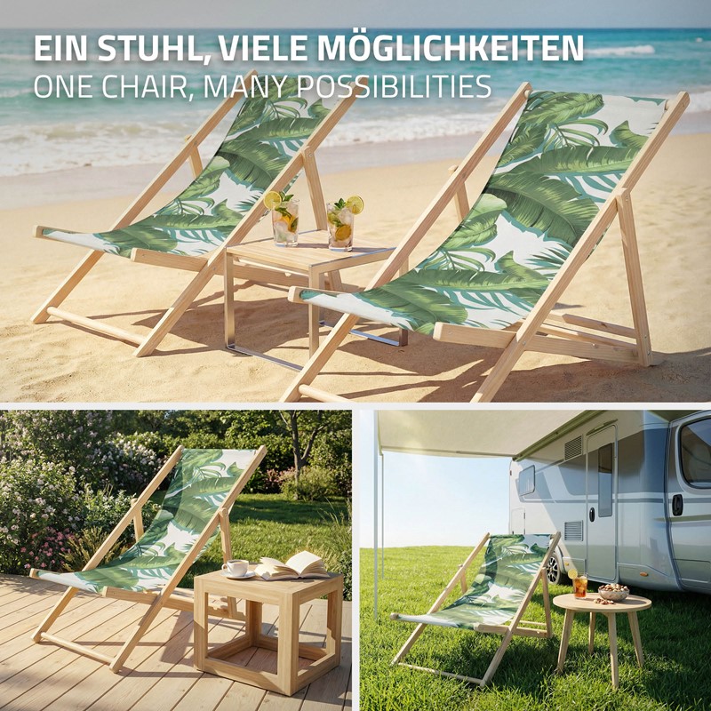 Gartenliege aus Holz in Tropical Grün-Weiß klappbarer Beachstuhl Strandstuhl Strandliege Liegestuhl Sonnenliege Relaxliege