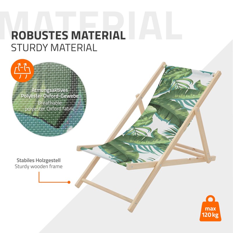 Gartenliege aus Holz in Tropical Grün-Weiß klappbarer Beachstuhl Strandstuhl Strandliege Liegestuhl Sonnenliege Relaxliege