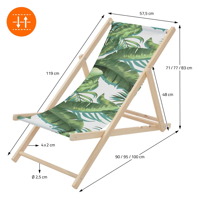 Gartenliege aus Holz in Tropical Grün-Weiß klappbarer Beachstuhl Strandstuhl Strandliege Liegestuhl Sonnenliege Relaxliege