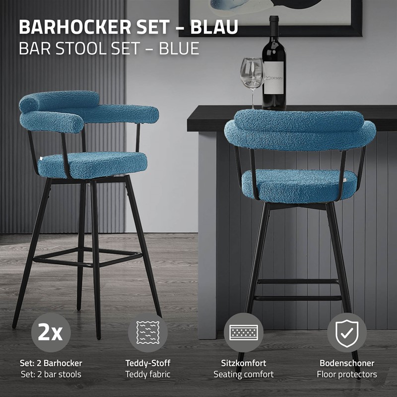 2er Set Barhocker 360° drehbar Blau 61x103x55 cm mit Arm-, Rückenlehne und Fußstütze bis 120 kg ML-Design