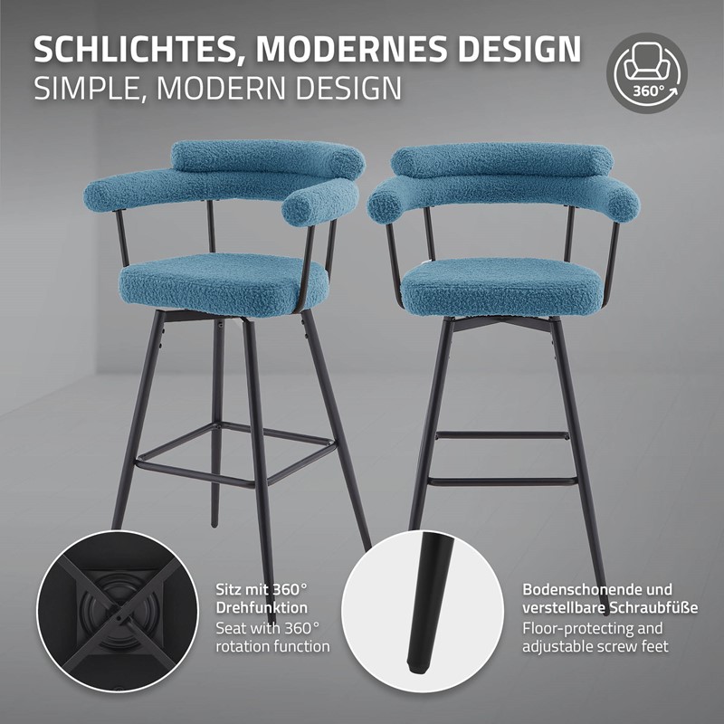 2er Set Barhocker 360° drehbar Blau 61x103x55 cm mit Arm-, Rückenlehne und Fußstütze bis 120 kg ML-Design