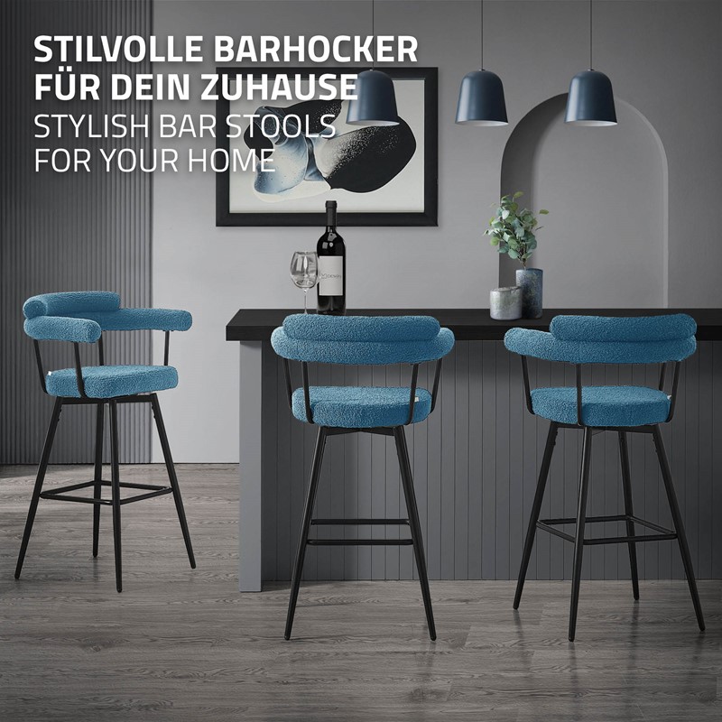 2er Set Barhocker 360° drehbar Blau 61x103x55 cm mit Arm-, Rückenlehne und Fußstütze bis 120 kg ML-Design