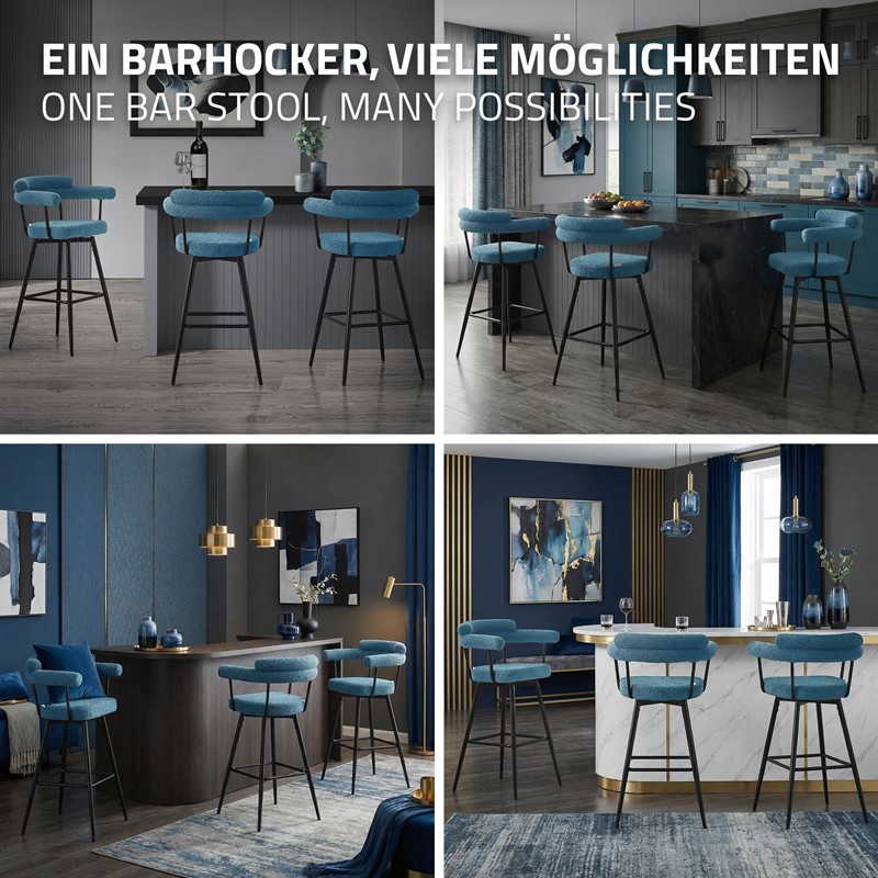2er Set Barhocker 360° drehbar Blau 61x103x55 cm mit Arm-, Rückenlehne und Fußstütze bis 120 kg ML-Design