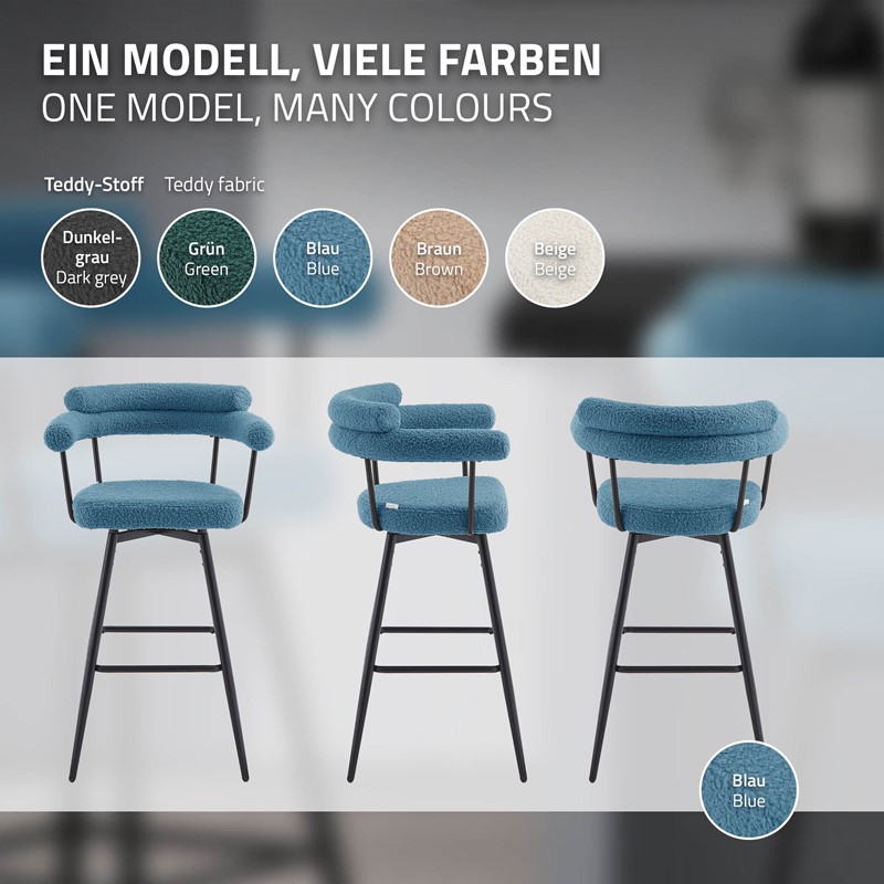 2er Set Barhocker 360° drehbar Blau 61x103x55 cm mit Arm-, Rückenlehne und Fußstütze bis 120 kg ML-Design