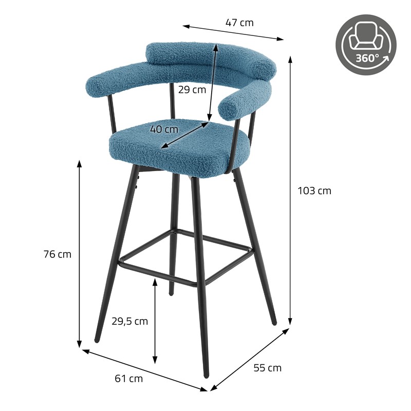 2er Set Barhocker 360° drehbar Blau 61x103x55 cm mit Arm-, Rückenlehne und Fußstütze bis 120 kg ML-Design
