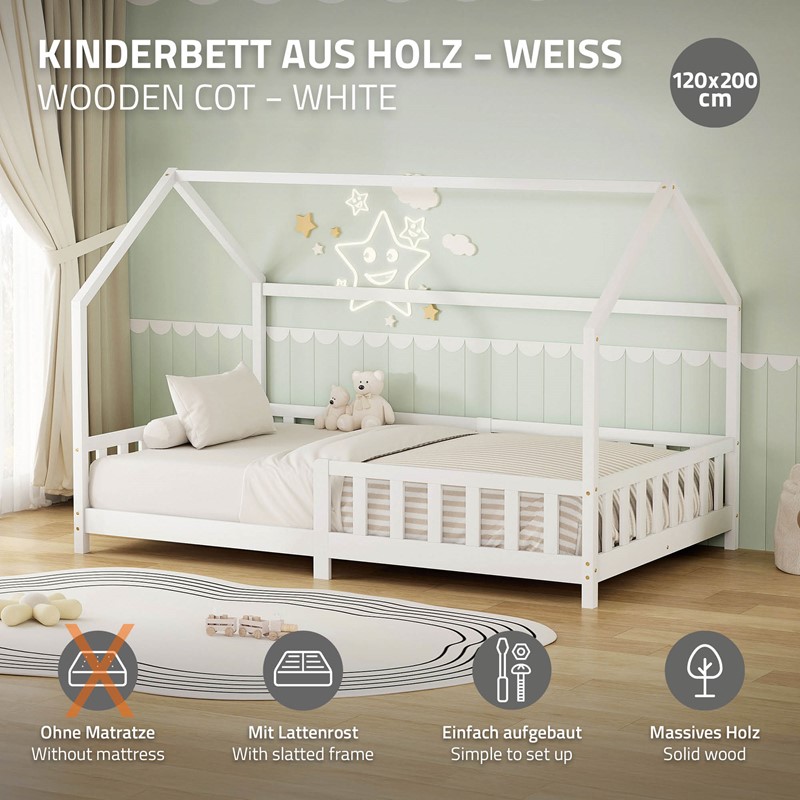 Kinderbett Hausbett 120x200 cm aus Kiefernholz Weiß mit Rausfallschutz Dach und Lattenrost Holzbett ML-Design