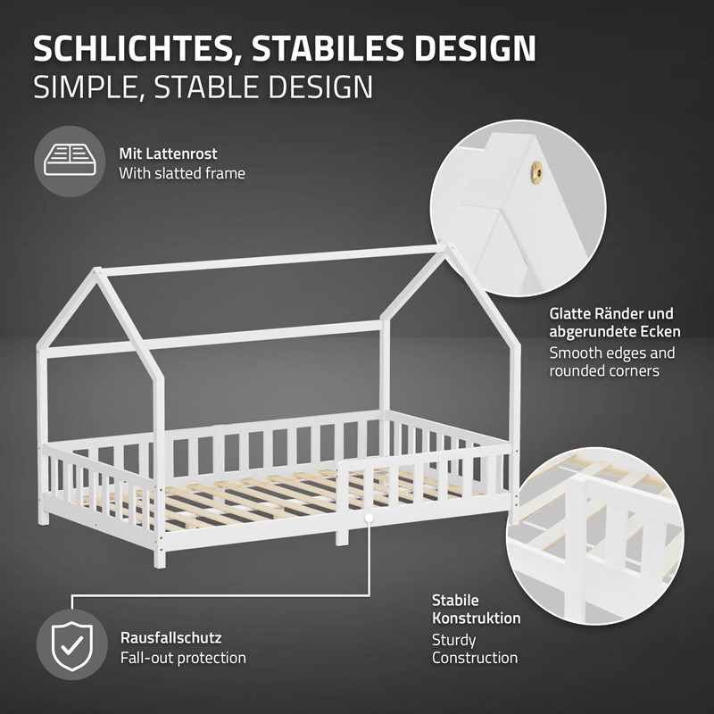 Kinderbett Hausbett 120x200 cm aus Kiefernholz Weiß mit Rausfallschutz Dach und Lattenrost Holzbett ML-Design