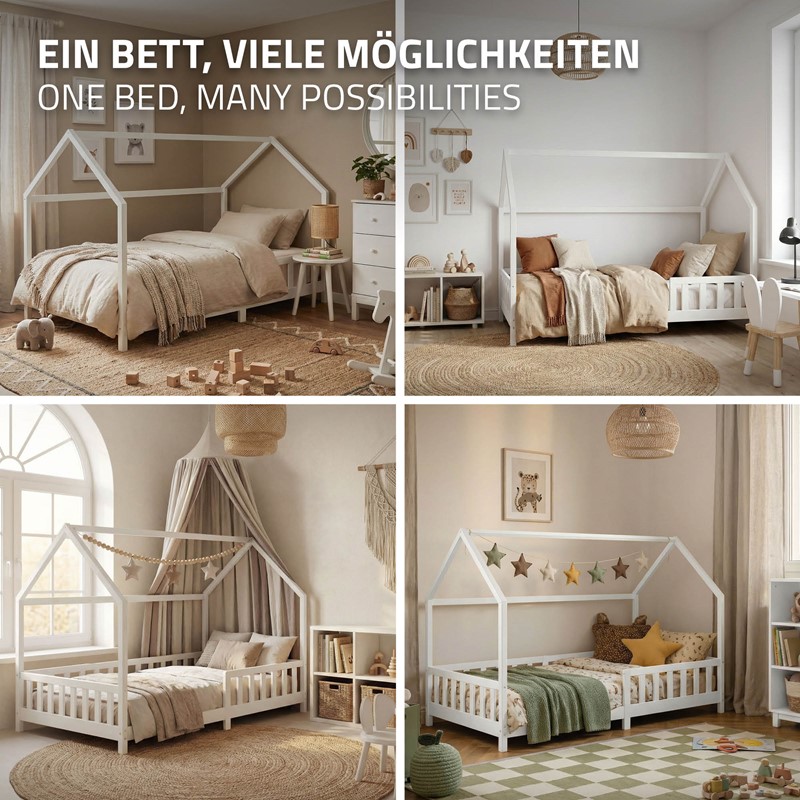 Kinderbett Hausbett 120x200 cm aus Kiefernholz Weiß mit Rausfallschutz Dach und Lattenrost Holzbett ML-Design