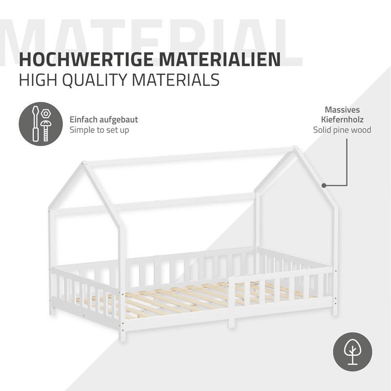 Kinderbett Hausbett 120x200 cm aus Kiefernholz Weiß mit Rausfallschutz Dach und Lattenrost Holzbett ML-Design