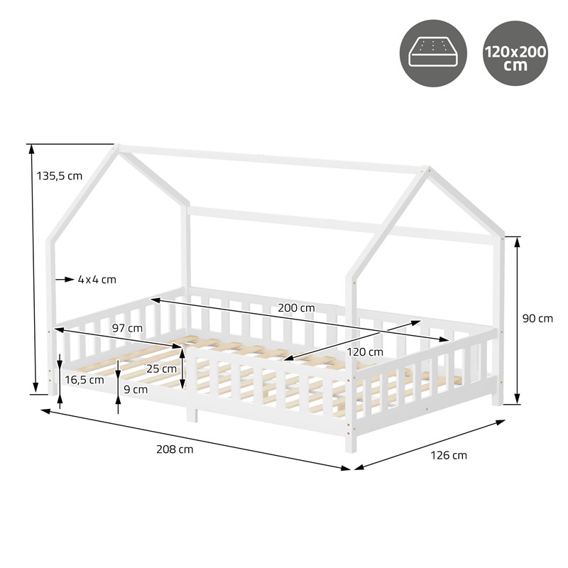 Kinderbett Hausbett 120x200 cm aus Kiefernholz Weiß mit Rausfallschutz Dach und Lattenrost Holzbett ML-Design
