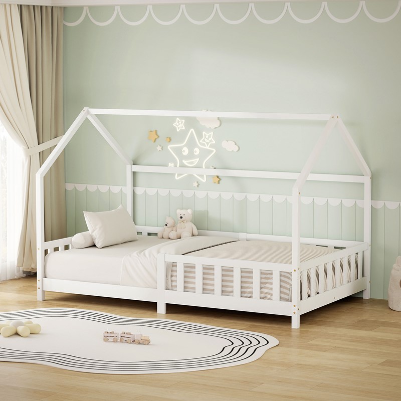 Kinderbett Hausbett 120x200 cm aus Kiefernholz Weiß mit Rausfallschutz Dach und Lattenrost Holzbett ML-Design