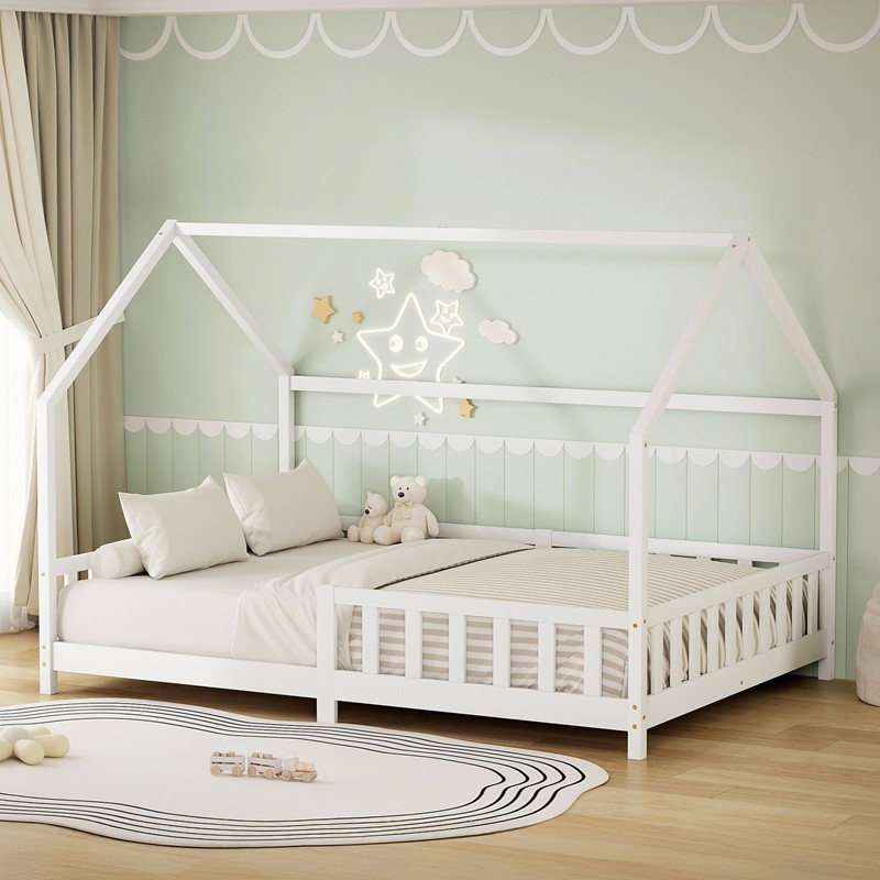 Kinderbett Hausbett 140x200 cm aus Kiefernholz Weiß mit Rausfallschutz Dach und Lattenrost Holzbett ML-Design Kinderbett Hausbett 140x200 cm aus Kiefernholz Weiß mit Rausfallschutz Dach und Lattenrost Holzbett ML-Design