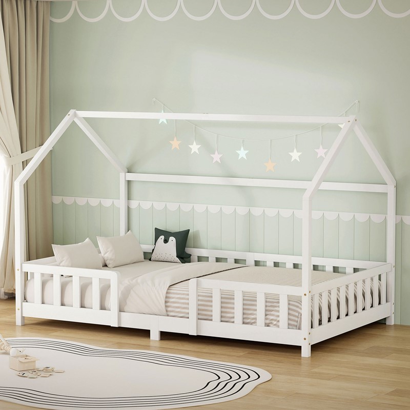 Kinderbett Hausbett 120x200 cm aus Kiefernholz Weiß mit Rausfallschutz Dach und Lattenrost Holzbett ML-Design