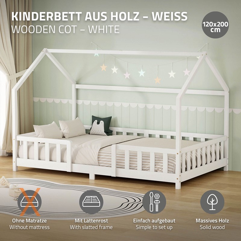Kinderbett Hausbett 120x200 cm aus Kiefernholz Weiß mit Rausfallschutz Dach und Lattenrost Holzbett ML-Design
