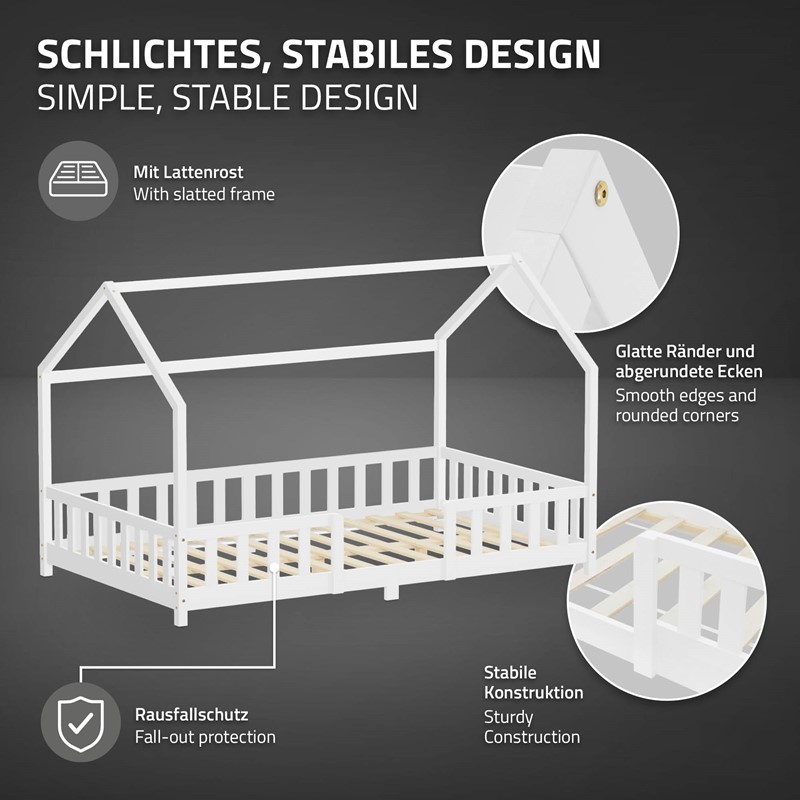 Kinderbett Hausbett 120x200 cm aus Kiefernholz Weiß mit Rausfallschutz Dach und Lattenrost Holzbett ML-Design