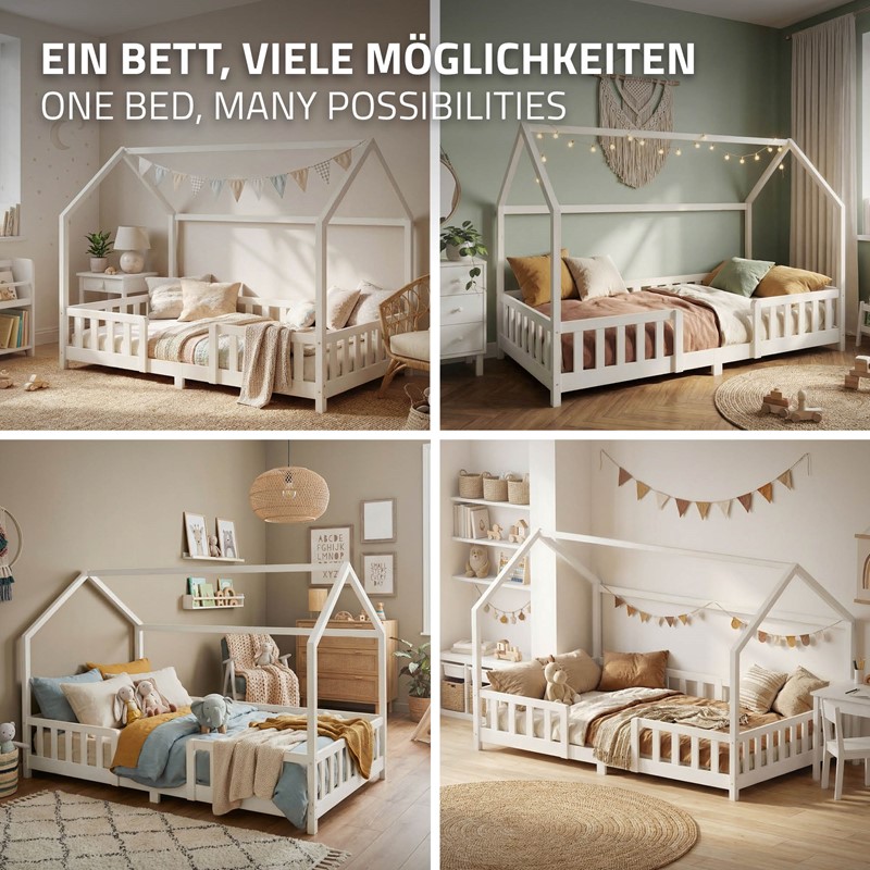 Kinderbett Hausbett 120x200 cm aus Kiefernholz Weiß mit Rausfallschutz Dach und Lattenrost Holzbett ML-Design