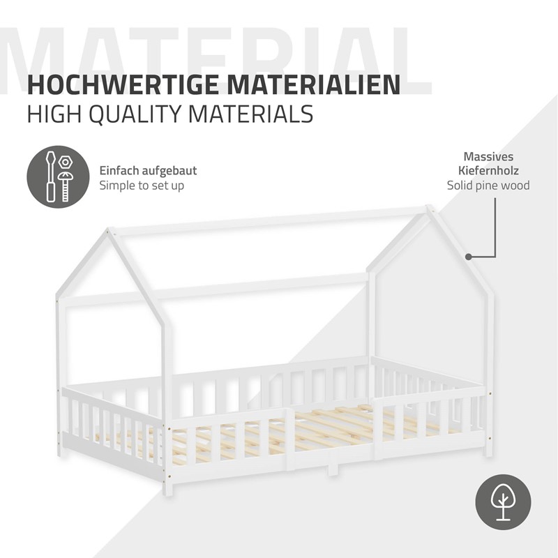 Kinderbett Hausbett 120x200 cm aus Kiefernholz Weiß mit Rausfallschutz Dach und Lattenrost Holzbett ML-Design