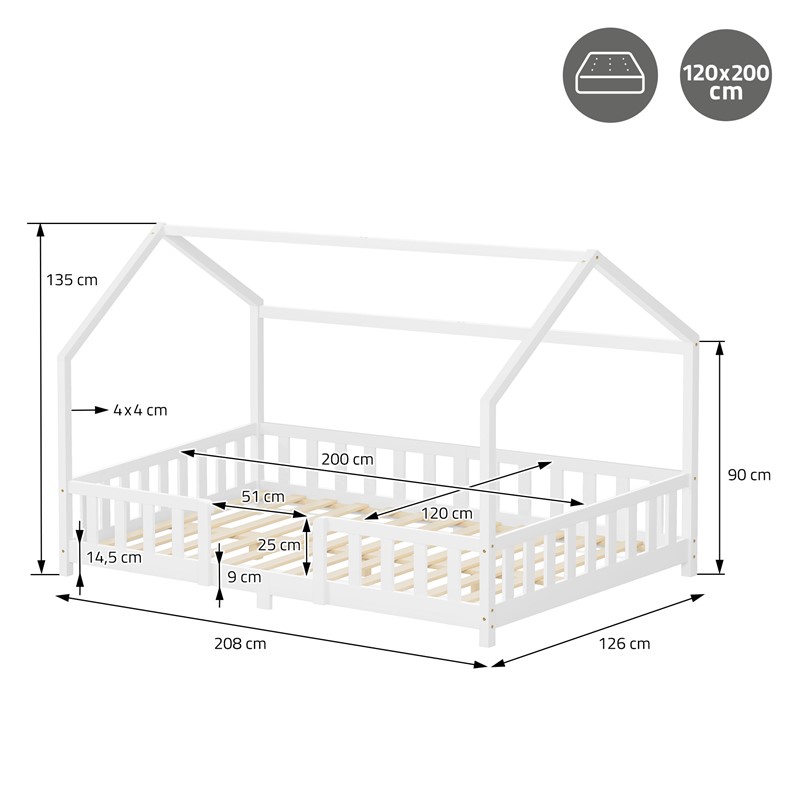 Kinderbett Hausbett 120x200 cm aus Kiefernholz Weiß mit Rausfallschutz Dach und Lattenrost Holzbett ML-Design