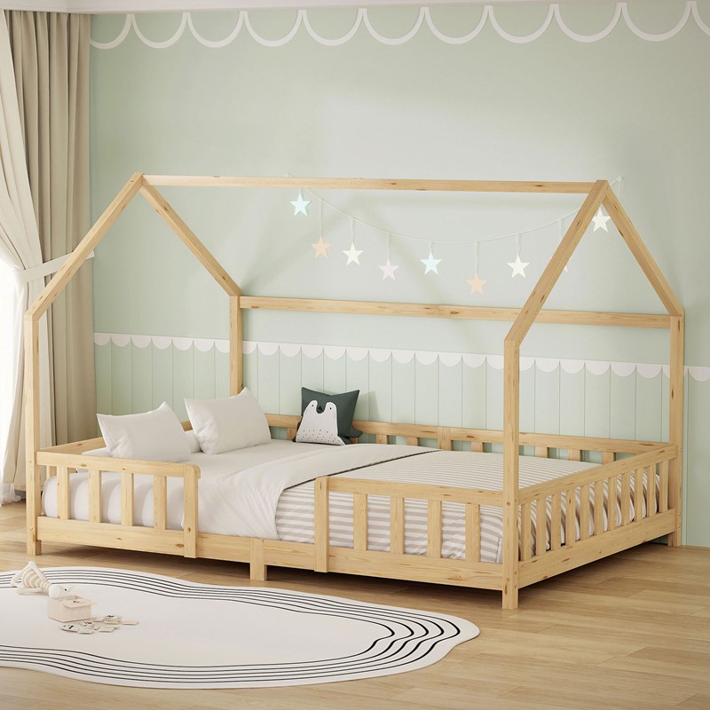 Kinderbett Hausbett 140x200 cm aus Kiefernholz Natur mit Rausfallschutz Dach und Lattenrost Holzbett ML-Design Kinderbett Hausbett 140x200 cm aus Kiefernholz Natur mit Rausfallschutz Dach und Lattenrost Holzbett ML-Design