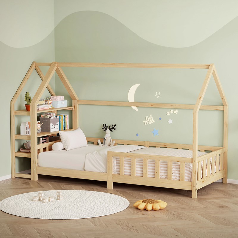 Kinderbett Hausbett 90x200 cm aus Kiefernholz Natur mit Rausfallschutz Regal Dach und Lattenrost Holzbett ML-Design Kinderbett Hausbett 90x200 cm aus Kiefernholz Natur mit Rausfallschutz Regal Dach und Lattenrost Holzbett ML-Design
