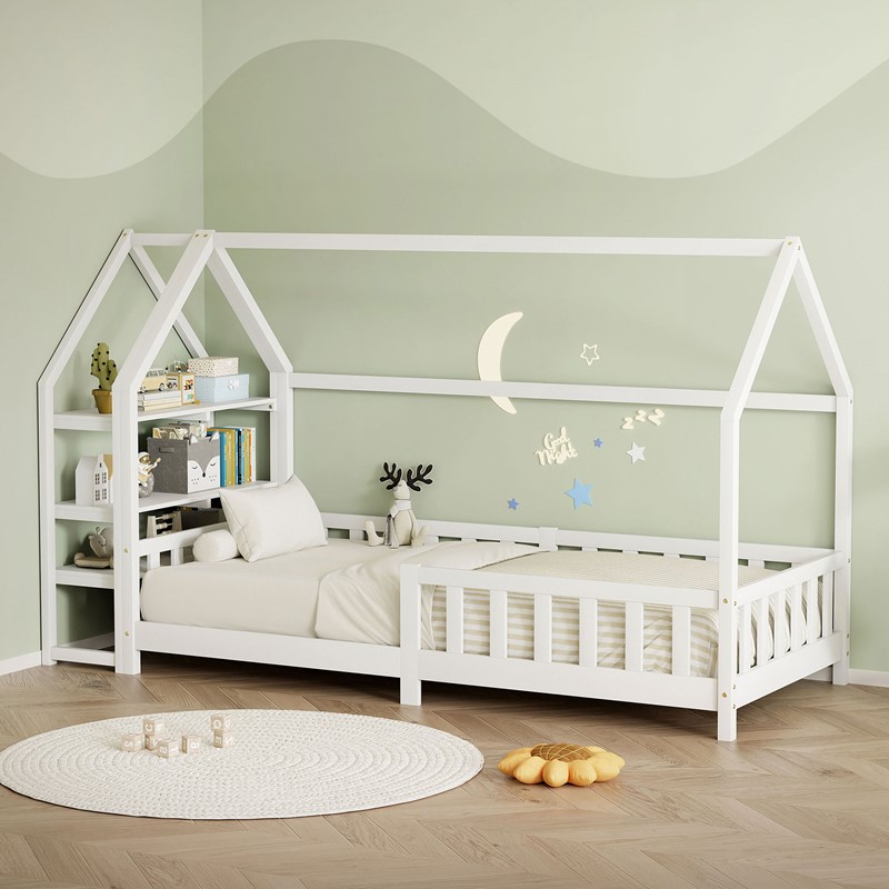 Kinderbett Hausbett 90x200 cm aus Kiefernholz Weiß mit Rausfallschutz Regal Dach und Lattenrost Holzbett ML-Design Kinderbett Hausbett 90x200 cm aus Kiefernholz Weiß mit Rausfallschutz Regal Dach und Lattenrost Holzbett ML-Design