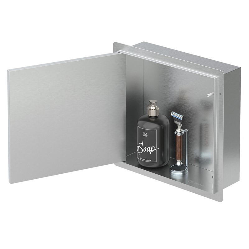 Wandnische Dusche mit befliesbarer Tür 25,5x25,5 cm Silber aus Edelstahl randlos Duschnische Duschablage LuxeBath