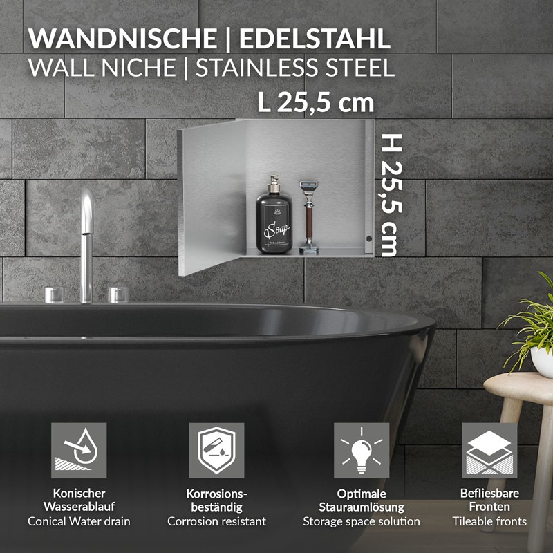 Wandnische Dusche mit befliesbarer Tür 25,5x25,5 cm Silber aus Edelstahl randlos Duschnische Duschablage LuxeBath