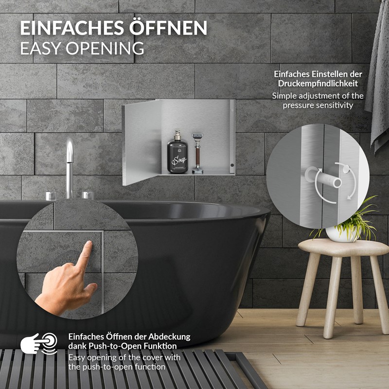 Wandnische Dusche mit befliesbarer Tür 25,5x25,5 cm Silber aus Edelstahl randlos Duschnische Duschablage LuxeBath