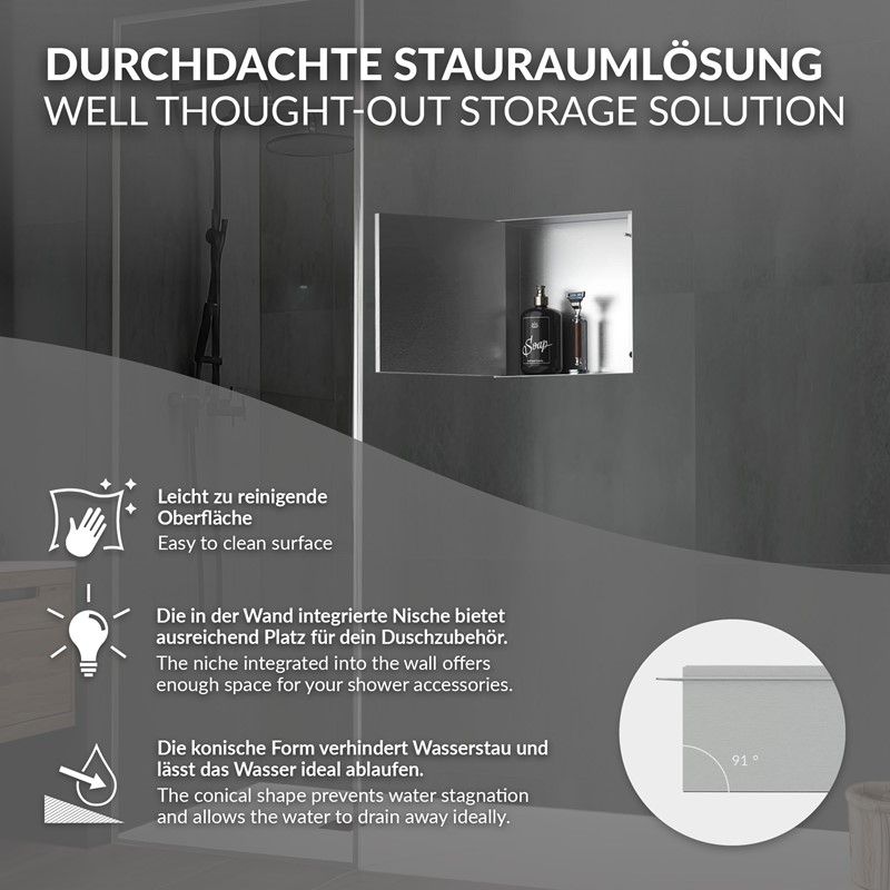 Wandnische Dusche mit befliesbarer Tür 25,5x25,5 cm Silber aus Edelstahl randlos Duschnische Duschablage LuxeBath
