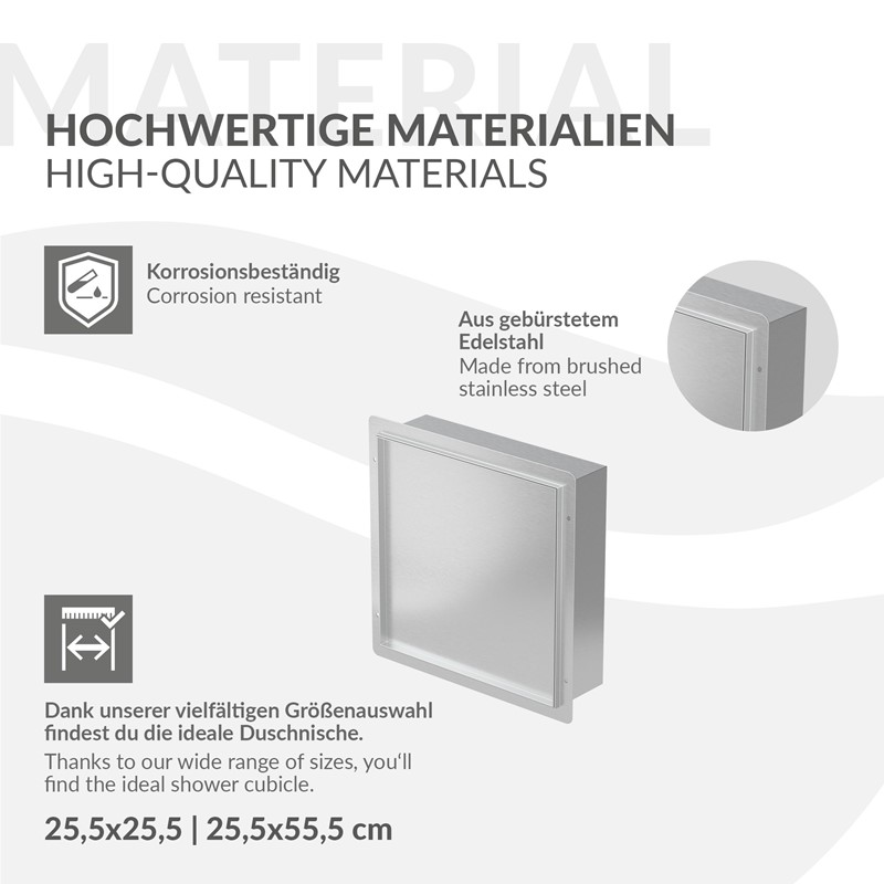 Wandnische Dusche mit befliesbarer Tür 25,5x25,5 cm Silber aus Edelstahl randlos Duschnische Duschablage LuxeBath