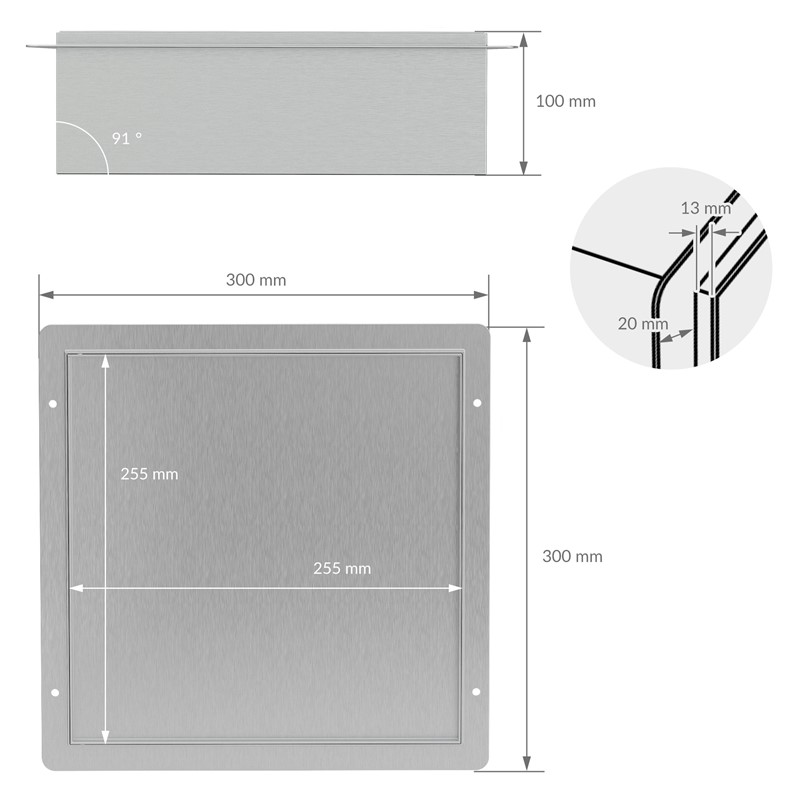Wandnische Dusche mit befliesbarer Tür 25,5x25,5 cm Silber aus Edelstahl randlos Duschnische Duschablage LuxeBath