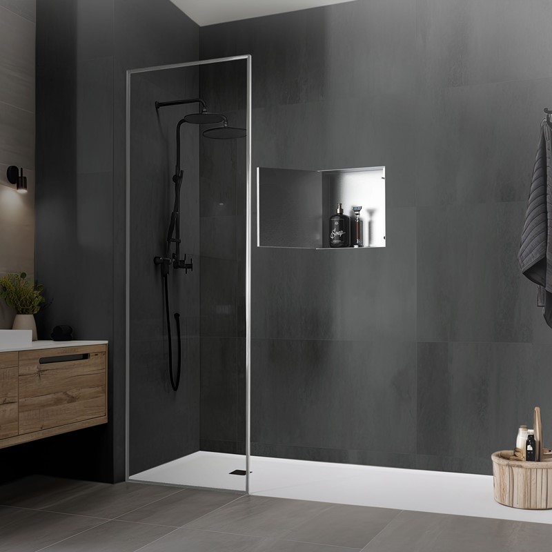 Wandnische Dusche mit befliesbarer Tür 25,5x25,5 cm Silber aus Edelstahl randlos Duschnische Duschablage LuxeBath