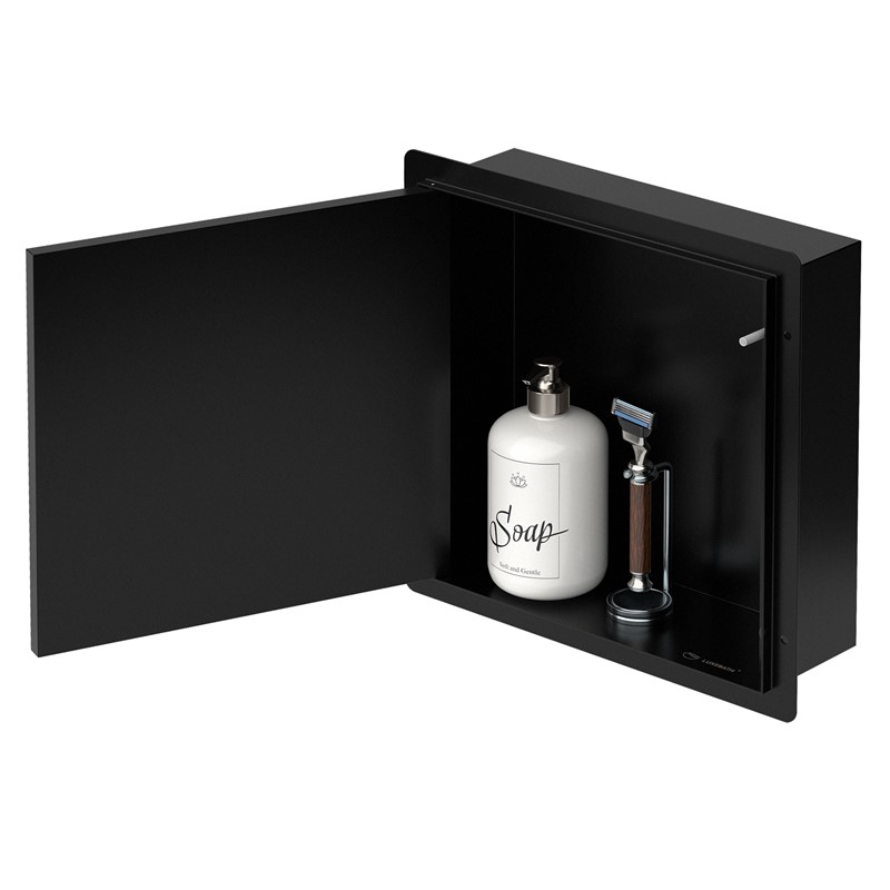 Wandnische Dusche mit befliesbarer Tür 25,5x25,5 cm Schwarz aus Edelstahl randlos Duschnische Duschablage LuxeBath Wandnische Dusche mit befliesbarer Tür 25,5x25,5 cm Schwarz aus Edelstahl randlos Duschnische Duschablage LuxeBath