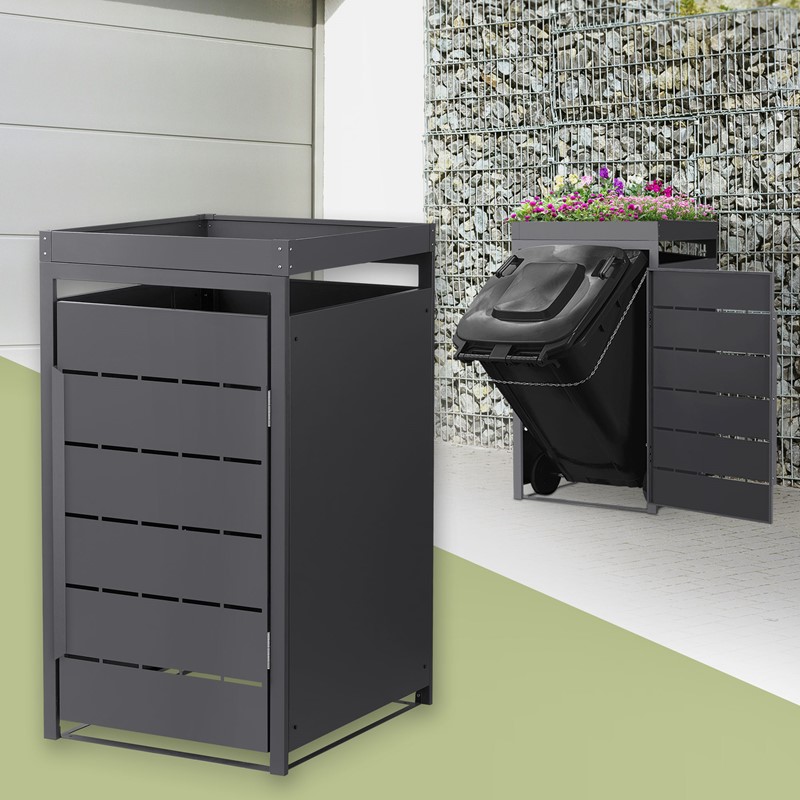 Mülltonnenbox mit Pflanzdach 1er bis 240 Liter 68x80x124 cm aus Stahl in Anthrazit ML-Design Mülltonnenbox mit Pflanzdach 1er bis 240 Liter 68x80x124 cm aus Stahl in Anthrazit ML-Design