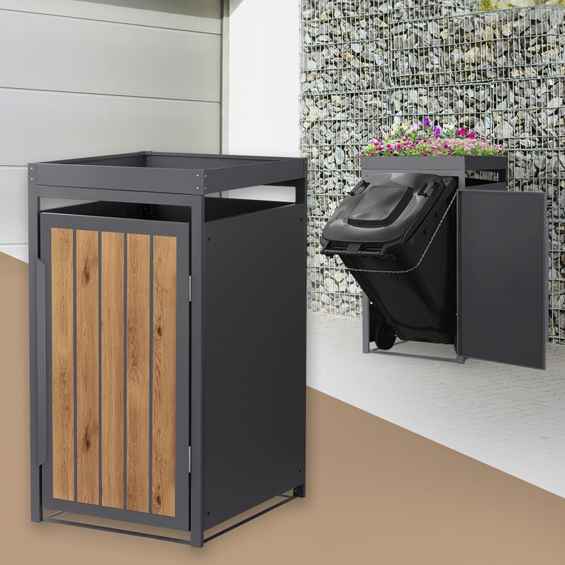Mülltonnenbox mit Pflanzdach 1er bis 240 Liter 68x80x124 cm aus Stahl in Anthrazit-Holzoptik ML-Design Mülltonnenbox mit Pflanzdach 1er bis 240 Liter 68x80x124 cm aus Stahl in Anthrazit-Holzoptik ML-Design