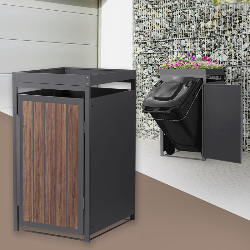 Mülltonnenbox mit Pflanzdach 1er bis 240 Liter 68x80x124 cm aus Stahl in Anthrazit-Eiche dunkel ML-Design Mülltonnenbox mit Pflanzdach 1er bis 240 Liter 68x80x124 cm aus Stahl in Anthrazit-Eiche dunkel ML-Design
