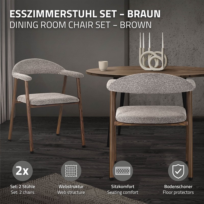 Esszimmerstühle 2er Set mit Armlehne, Rückenlehne & Webstruktur, Braun, Wohnzimmerstühle Küchenstühle Polsterstühle ML-Design