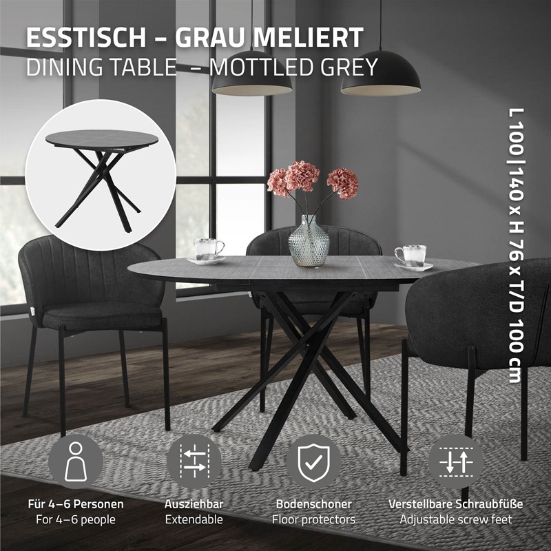 Esstisch ausziehbar rund, Grau meliert, 100-140x76x100 cm, Esszimmertisch für 4-6 Personen, Tisch mit X-förmiges Stahlgestell ML-Design