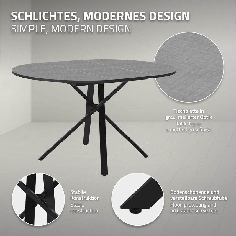 Esstisch ausziehbar rund, Grau meliert, 100-140x76x100 cm, Esszimmertisch für 4-6 Personen, Tisch mit X-förmiges Stahlgestell ML-Design